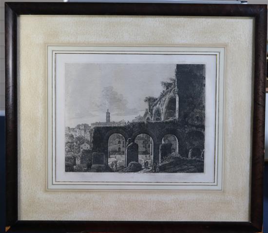 Luigi Rossini (1790-1857) Veduta del Tempio di Antonino e Faustina and Avanzi del Portico Del Tempio Della Pace, Rome 1821 overall 16 x